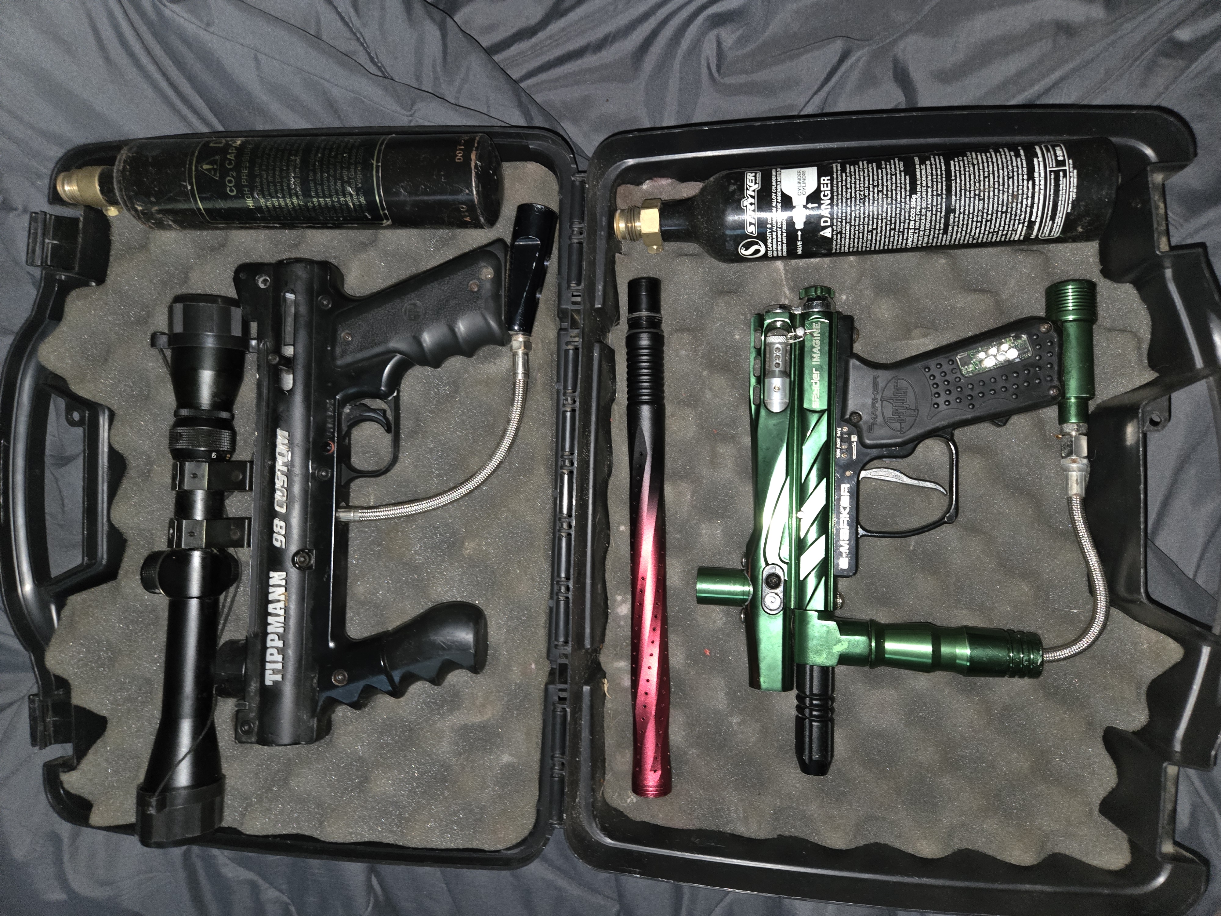 Paintball Starter Lot – Tippmann 98 Custom with scope and foregrip & Spyder Imagine with 2 co2 tanks and aftermarket barrel 