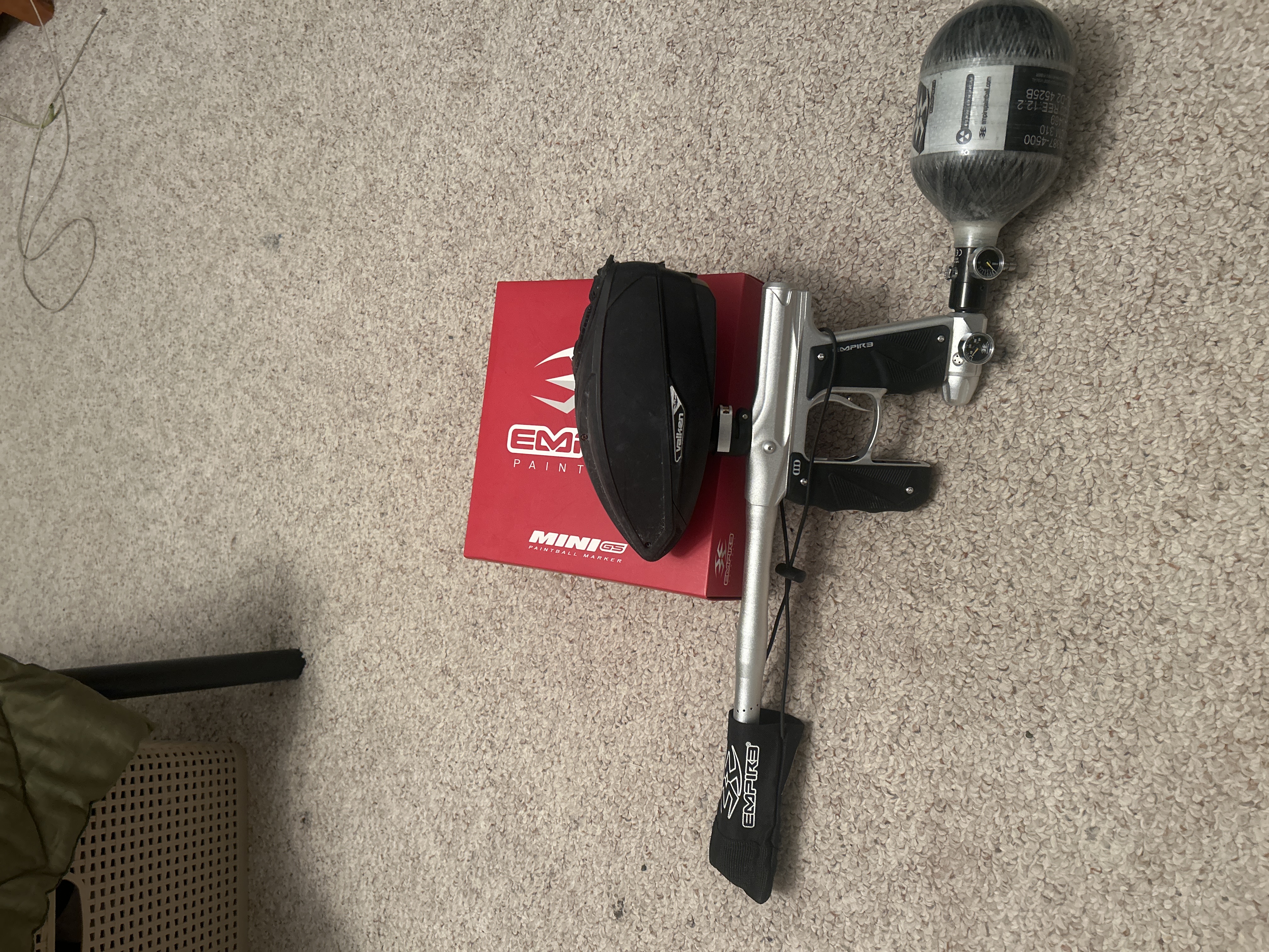 Empire mini gs silver, empire mini tank, valken vts hopper with speed feed and jt pro flex mask comes with protective soft bag