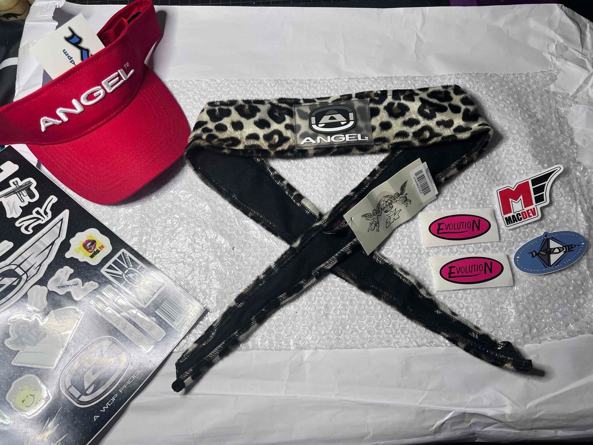 Angel Paintball Headband SNOW LEOPARD + Visor + Vintage Sticker Lot