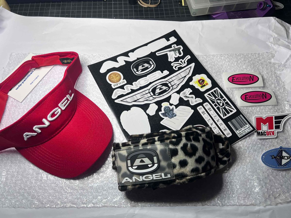 Angel Paintball Headband SNOW LEOPARD + Visor + Vintage Sticker Lot