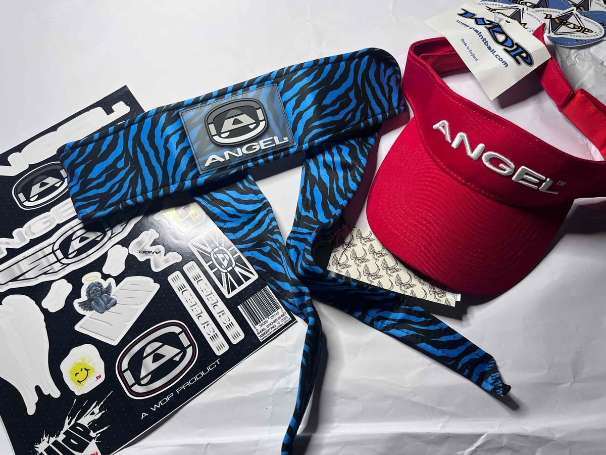 Angel Paintball Headband - BLUE TIGER + Angel Visor + Angel Sticker Sheet Lot