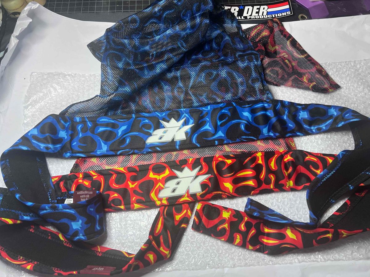 Bunkerking Headwraps - $60 each - Electric blue and Red flames