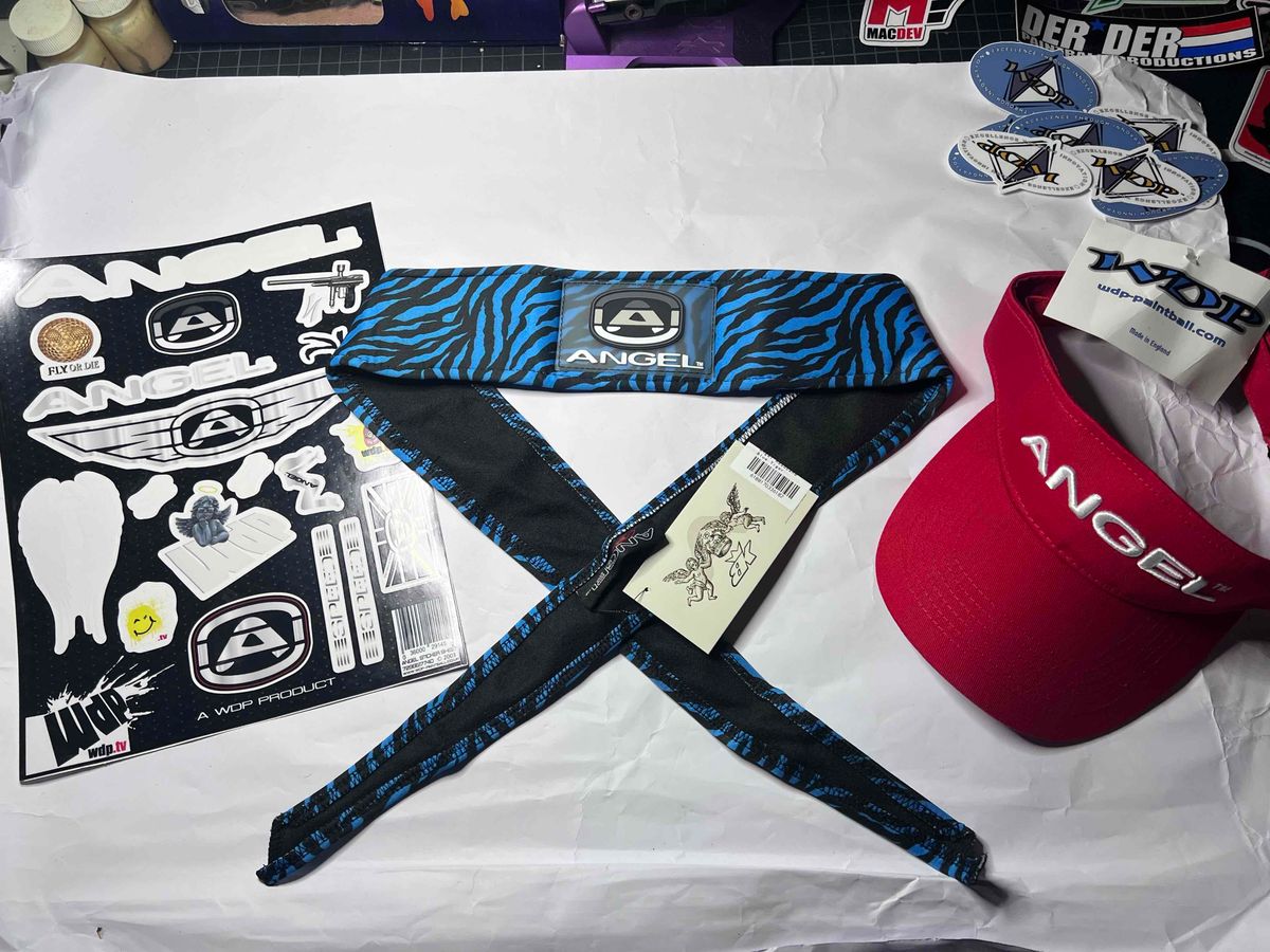 Angel Paintball Headband - BLUE TIGER + Angel Visor + Angel Sticker Sheet Lot