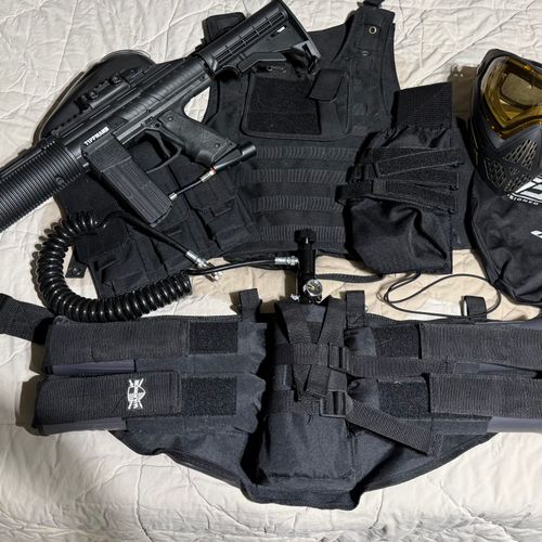 COMPLETE TACTICAL PAINTBALL SETUP – Tippmann Project Salvo – NEVER USED – E-Trigger, Apex Barrel, Rip Clip & DYE Mask