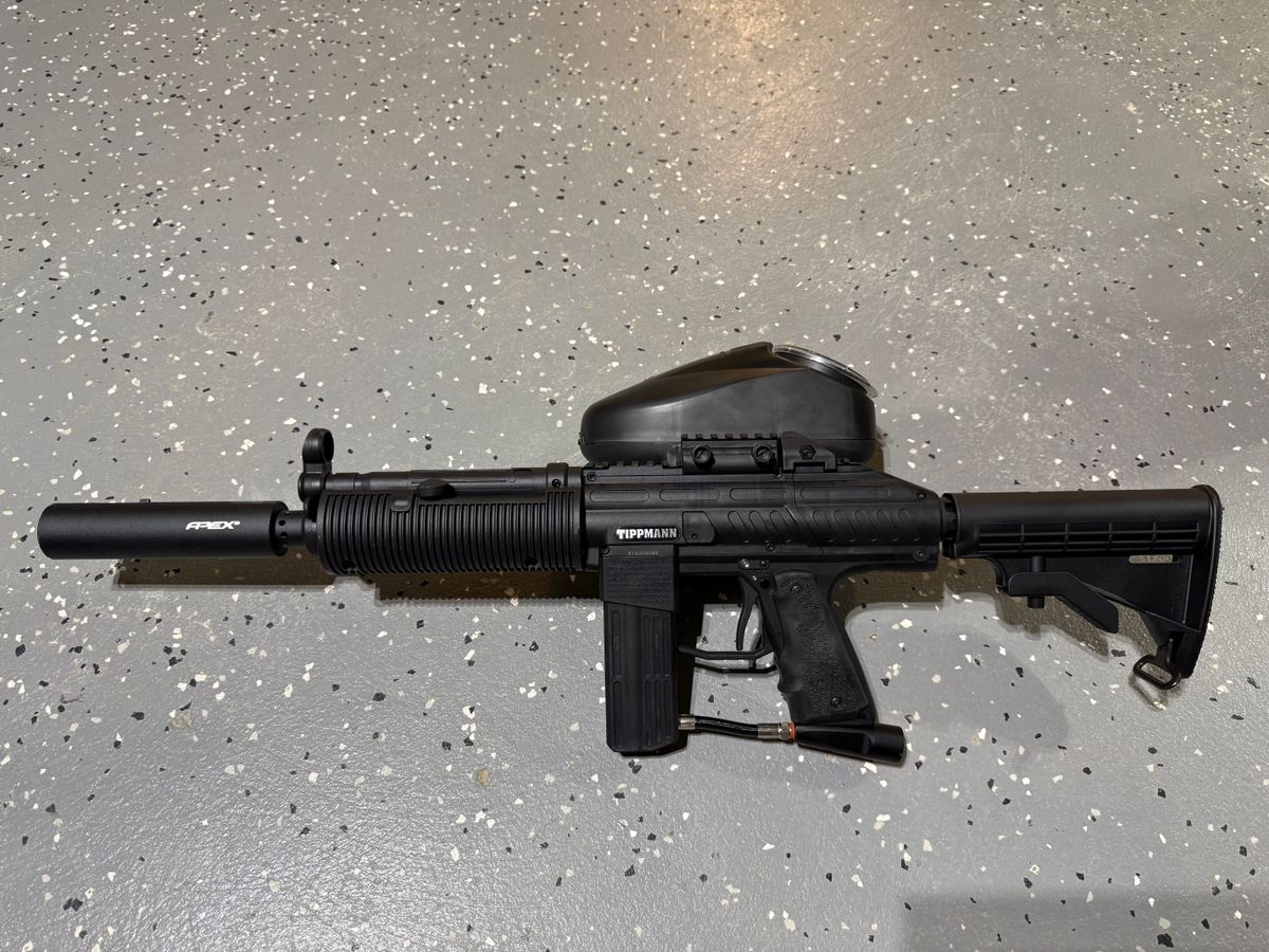 COMPLETE TACTICAL PAINTBALL SETUP – Tippmann Project Salvo – NEVER USED – E-Trigger, Apex Barrel, Rip Clip & DYE Mask