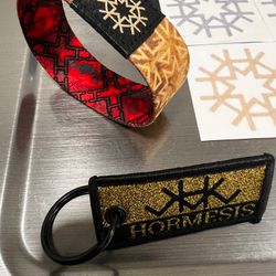 HIRMESIS LOT 13 Stickers, 2 MICRO FIBERS NEW, 1 GOLD KEYCHAIN, 1 REVERSIBLE WRIST BAND NEW! 