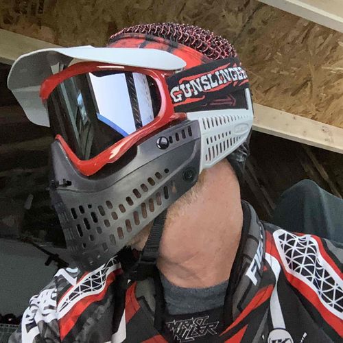 Red, black and gray mask