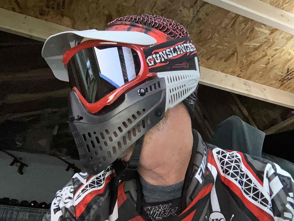 Red, black and gray mask