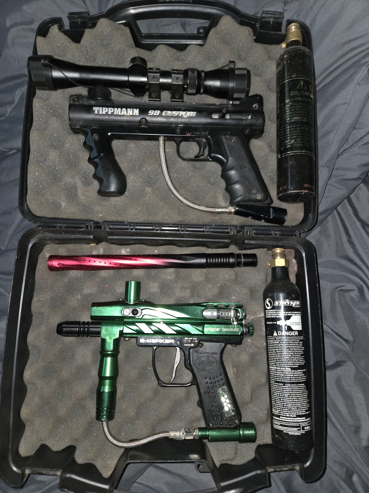 Paintball Starter Lot – Tippmann 98 Custom with scope and foregrip & Spyder Imagine with 2 co2 tanks and aftermarket barrel 