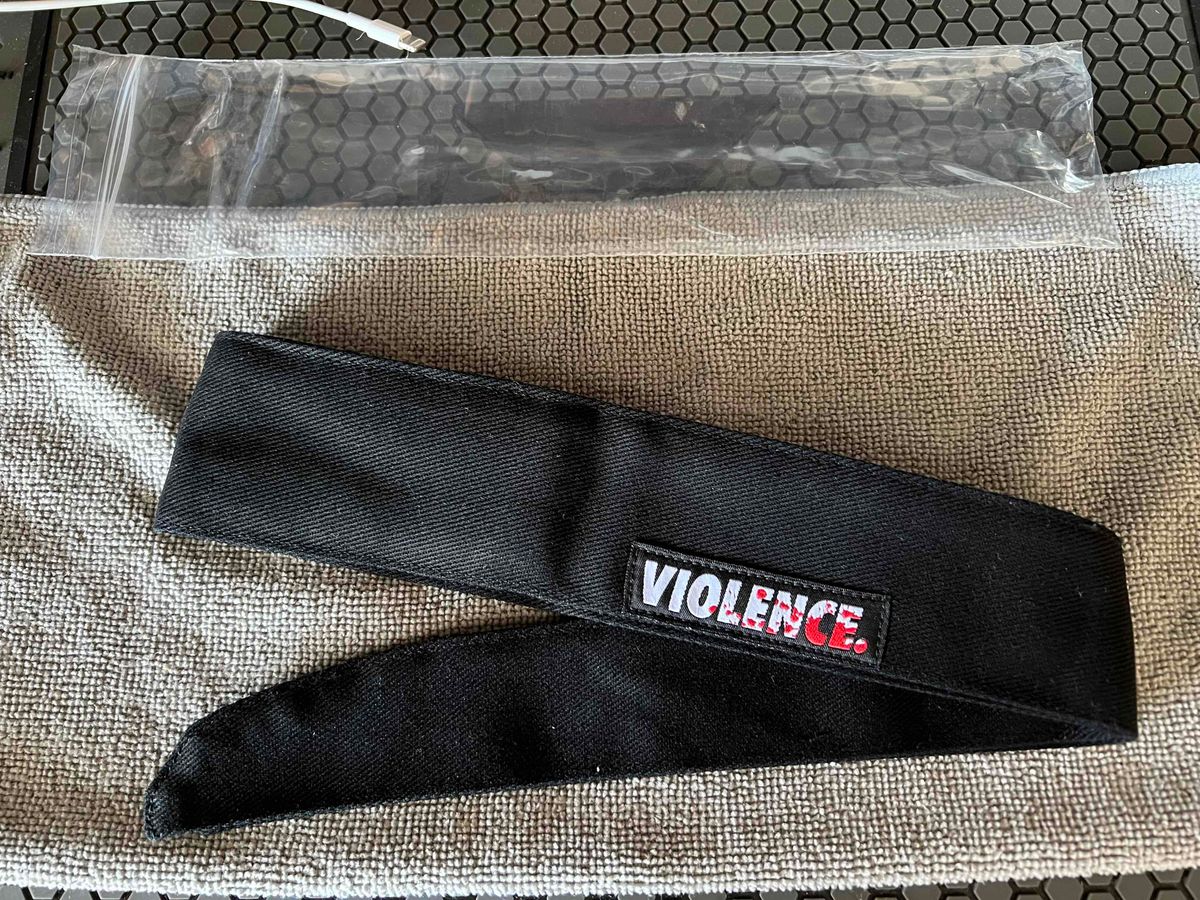Violence black denim headband with V2 Bloodsplatter tag