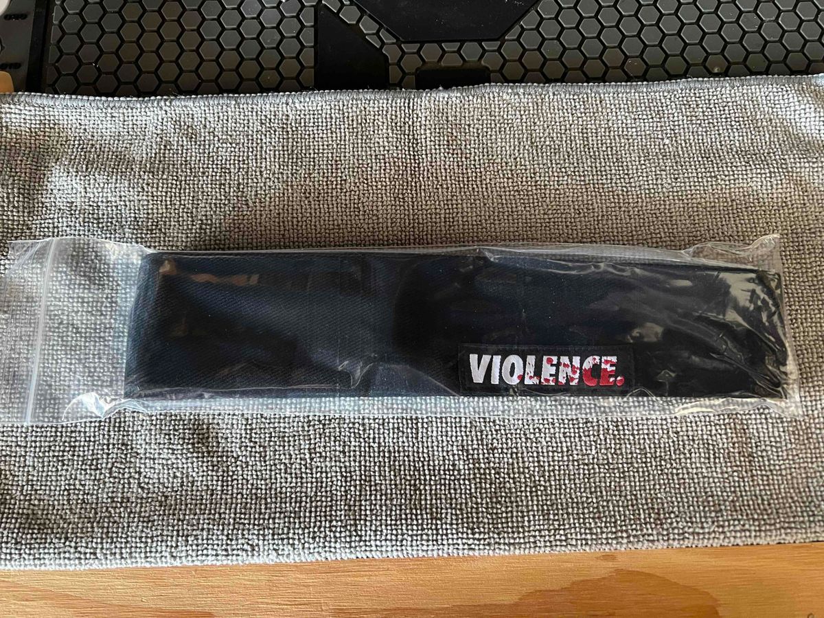 Violence black denim headband with V2 Bloodsplatter tag