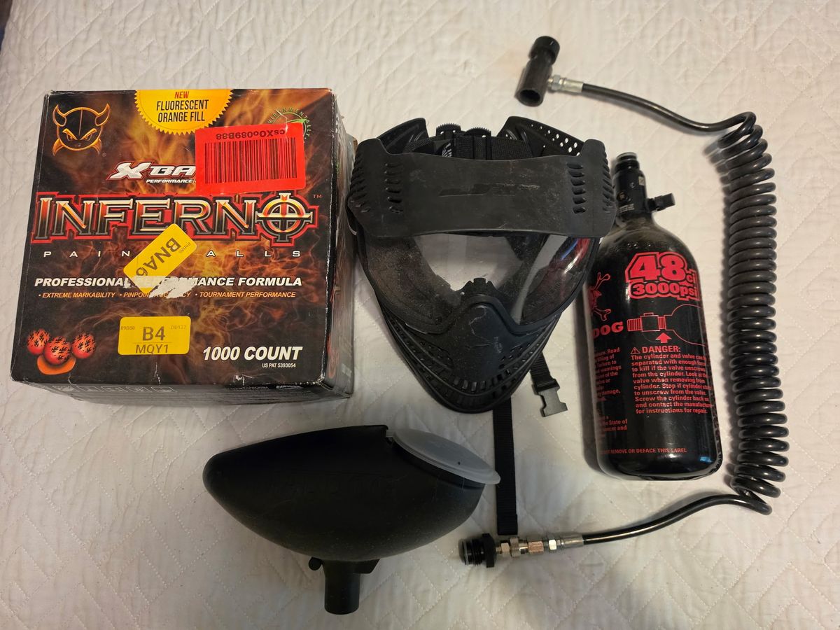 Complete Tippmann Paintball Setup – Marker, Mask, Tank, Pods, Hopper & Paintballs