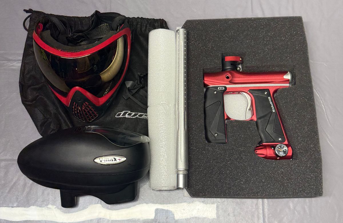 (jaxynxiong_e591f7) Paintball Setup - Empire Mini GS (Red/Silver), Valken V-MAX+ Hopper, Dye i4 Mask (Red/Gold)