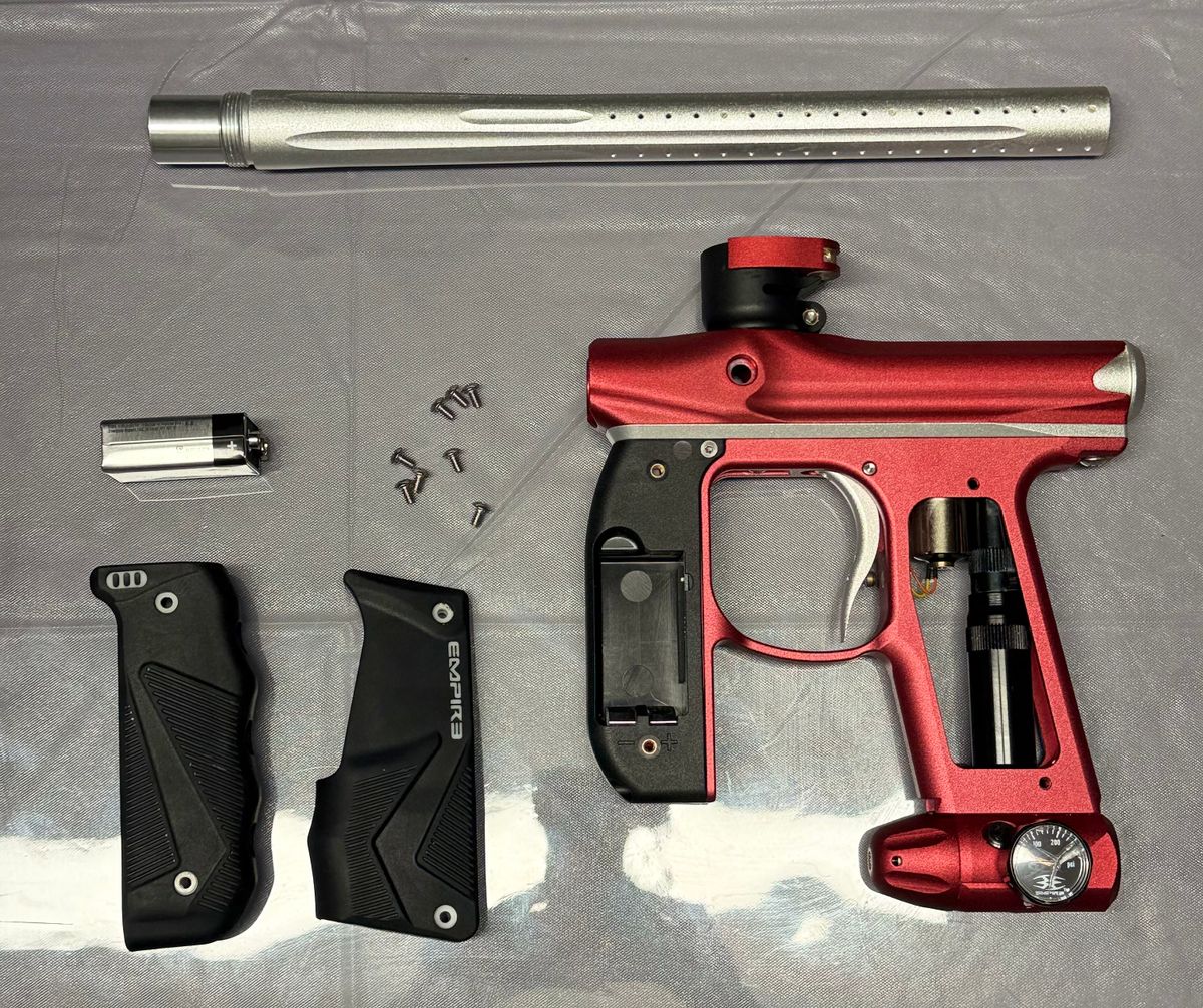 Paintball Setup - Empire Mini GS (Red/Silver), Valken V-MAX+ Hopper, Dye i4 Mask (Red/Gold)