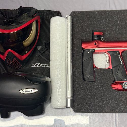 Paintball Setup - Empire Mini GS (Red/Silver), Valken V-MAX+ Hopper, Dye i4 Mask (Red/Gold)