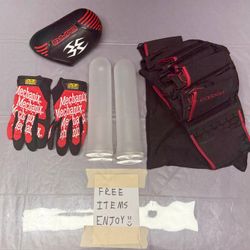 (jaxynxiong_e591f7) Paintball Setup - Empire Mini GS (Red/Silver), Valken V-MAX+ Hopper, Dye i4 Mask (Red/Gold)