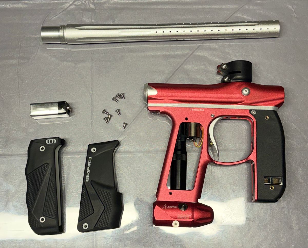 Paintball Setup - Empire Mini GS (Red/Silver), Valken V-MAX+ Hopper, Dye i4 Mask (Red/Gold)