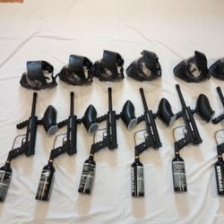 6 Paintball guns, tanks, and helmets