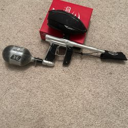 Empire mini gs silver, empire mini tank, valken vts hopper with speed feed and jt pro flex mask comes with protective soft bag